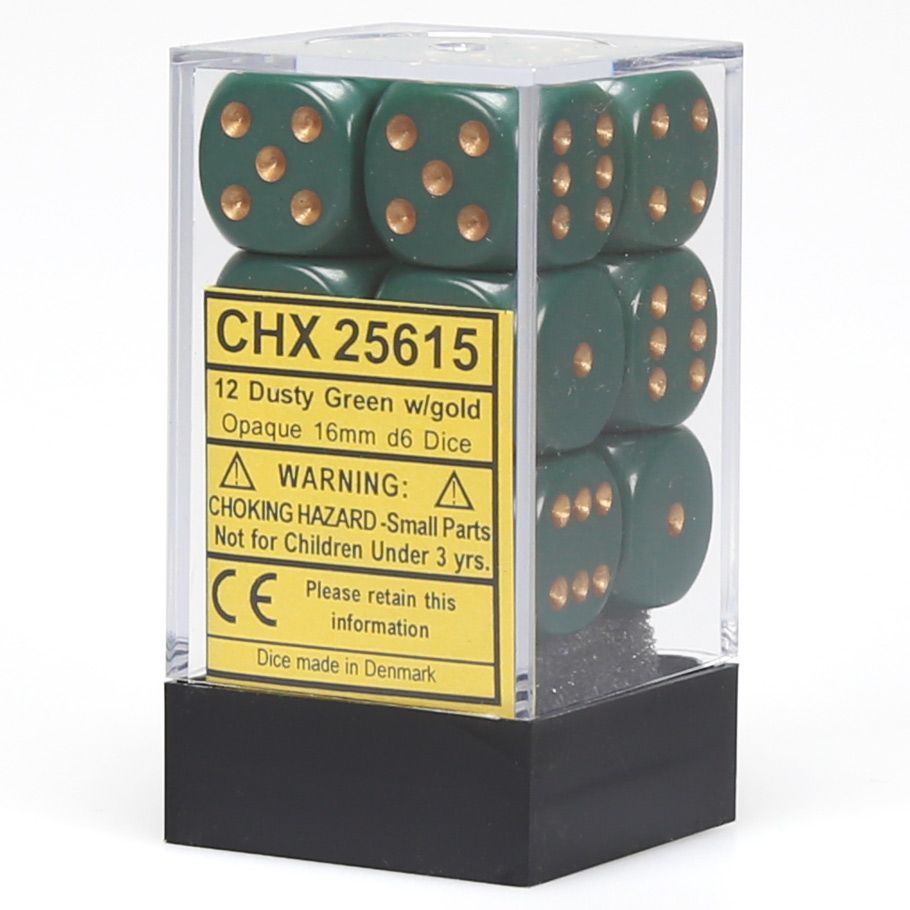Chessex 16mm D6 Dice Block - Opaque Dusty Green/Copper (12 ct)