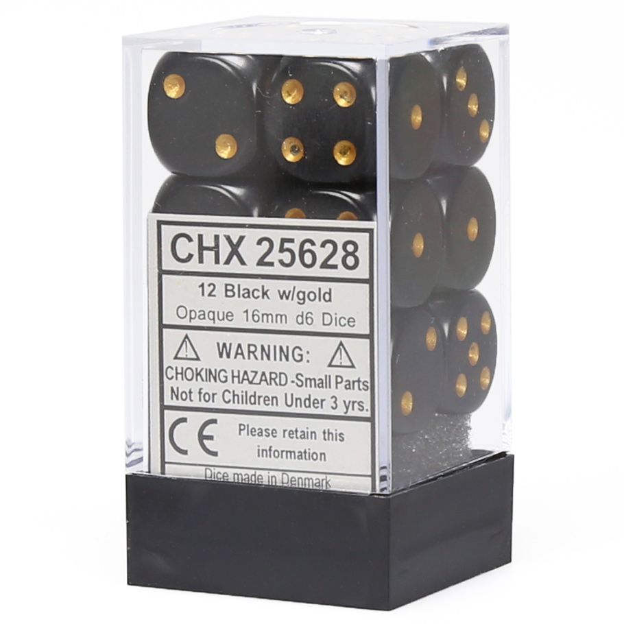 Chessex 16mm D6 Dice Block - Opaque Black/Gold (12 ct)