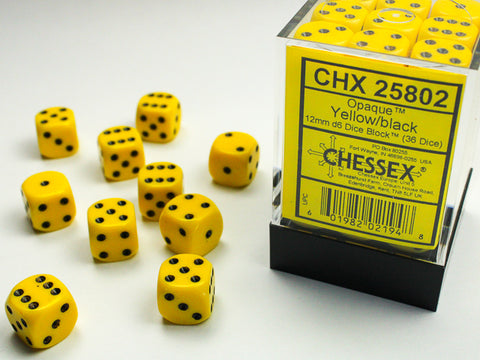 Chessex d6 Cube 12mm Opaque Yellow with Black (36)
