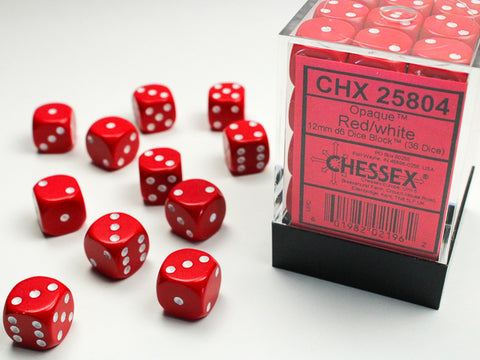 Chessex d6 Cube 12mm Opaque Red with White (36)