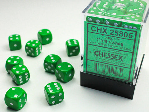 Chessex d6 Cube 12mm Opaque Green with White (36)