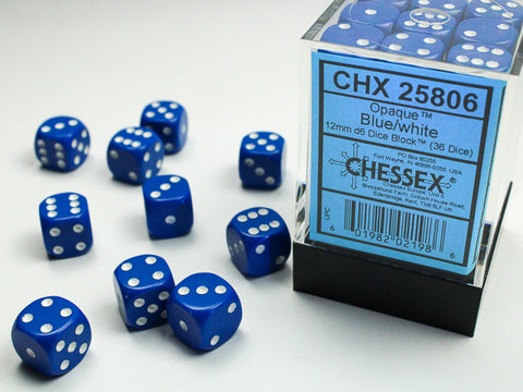 Chessex d6 Cube 12mm Opaque Blue with White (36)