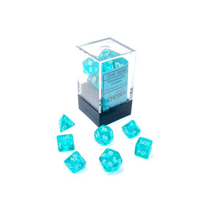 Chessex 7-set Cube Mini Dice - Translucent Teal with White