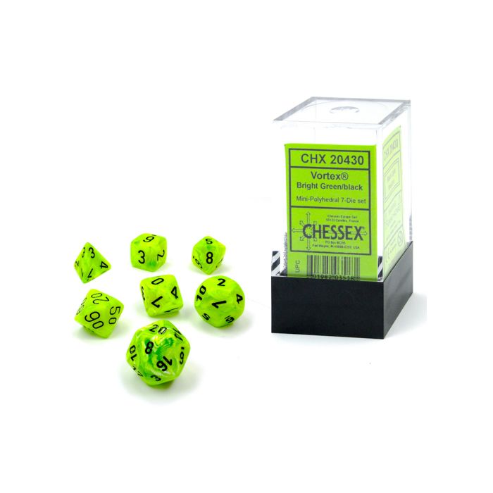 Chessex 7-set Cube Mini Dice - Vortex Bright Green with Black