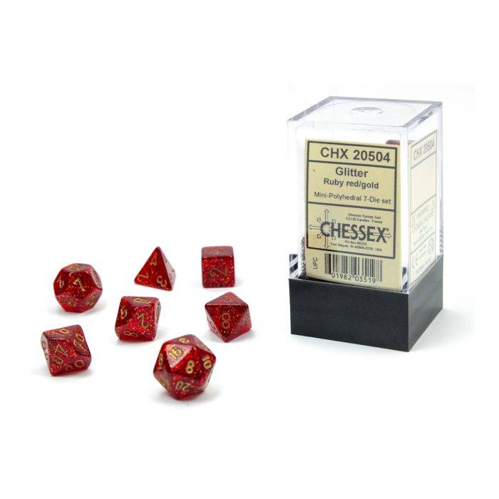 Chessex 7-set Cube Mini Dice - Glitter Ruby with Gold