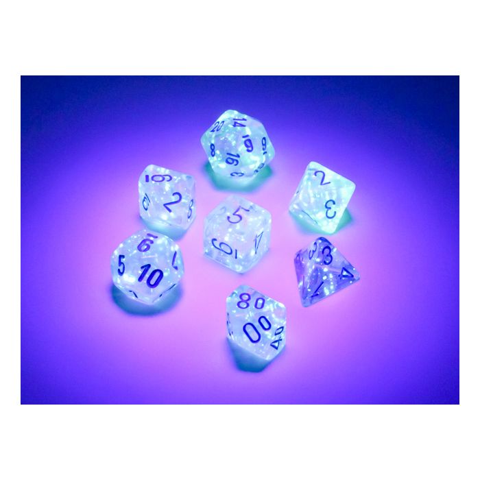 Chessex 7-set Cube Mini Dice - Borealis Luminary Icicle with Light Blue