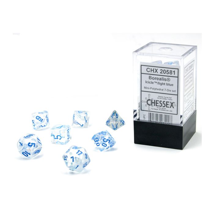 Chessex 7-set Cube Mini Dice - Borealis Luminary Icicle with Light Blue