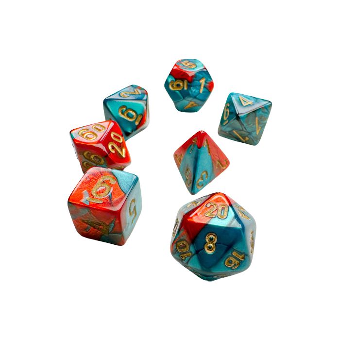 Chessex 7-set Cube Mini Dice - Gemini Red Teal with Gold