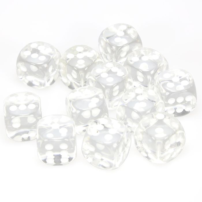 Chessex 16mm D6 Dice Block - Translucent Clear with White (12 ct)