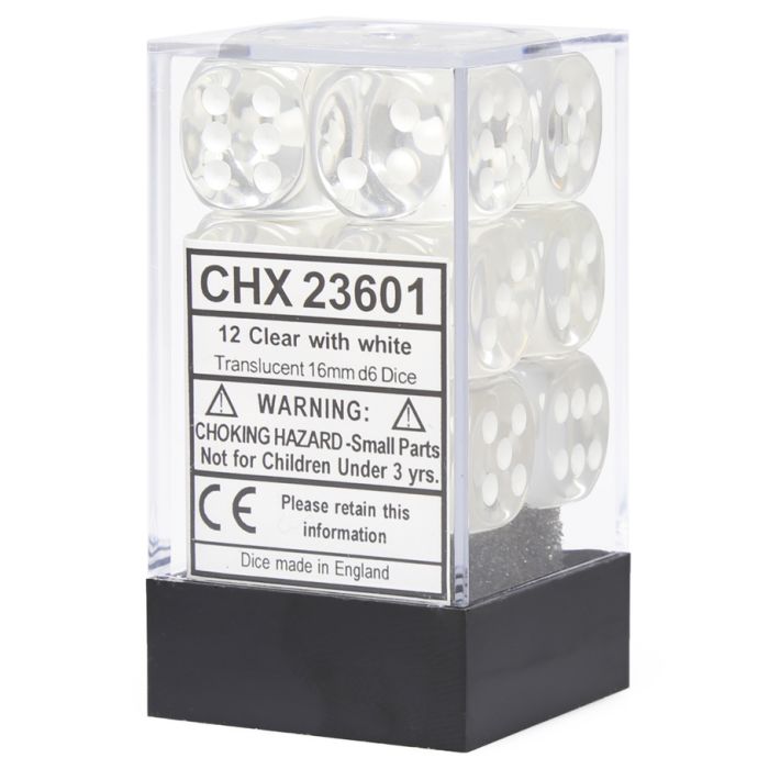 Chessex 16mm D6 Dice Block - Translucent Clear with White (12 ct)