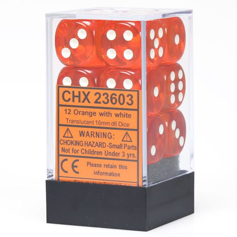 Chessex 16mm D6 Dice Block - Translucent Orange with White (12 ct)
