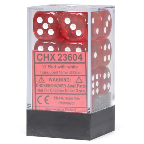 Chessex 16mm D6 Dice Block - Translucent Red with White (12 ct)