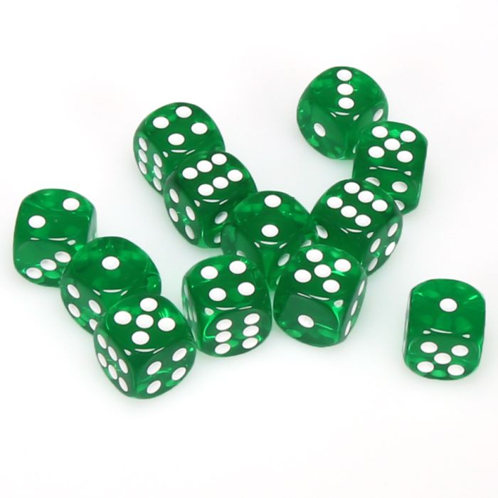 Chessex 16mm D6 Dice Block - Translucent Green with White (12 ct)