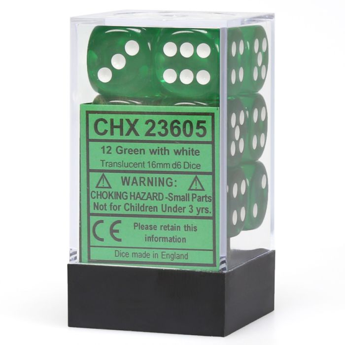 Chessex 16mm D6 Dice Block - Translucent Green with White (12 ct)