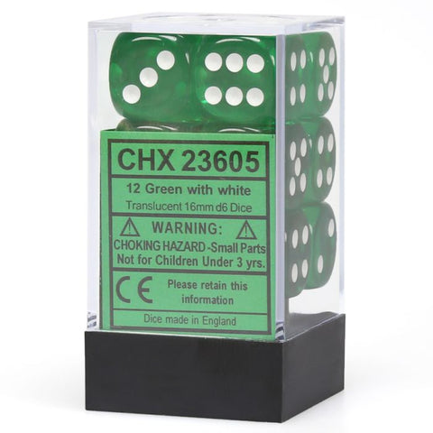 Chessex 16mm D6 Dice Block - Translucent Green with White (12 ct)