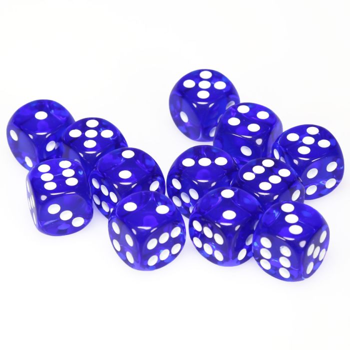 Chessex 16mm D6 Dice Block - Translucent Blue with White (12 ct)