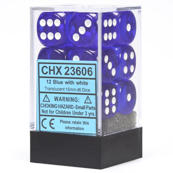 Chessex 16mm D6 Dice Block - Translucent Blue with White (12 ct)