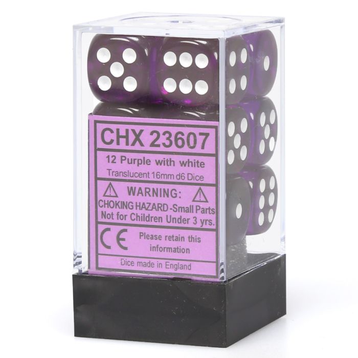 Chessex 16mm D6 Dice Block - Translucent Purple with White (12 ct)