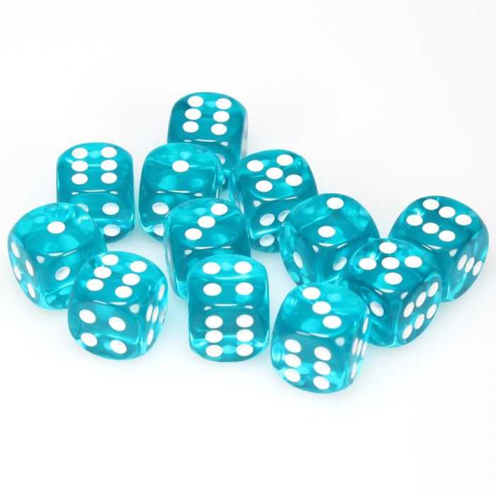 Chessex 16mm D6 Dice Block - Translucent Teal with White (12 ct)