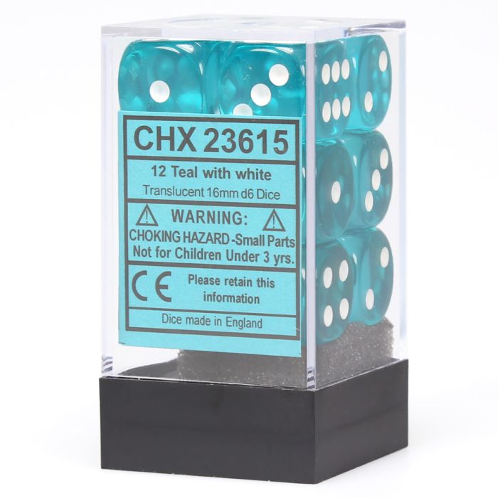 Chessex 16mm D6 Dice Block - Translucent Teal with White (12 ct)