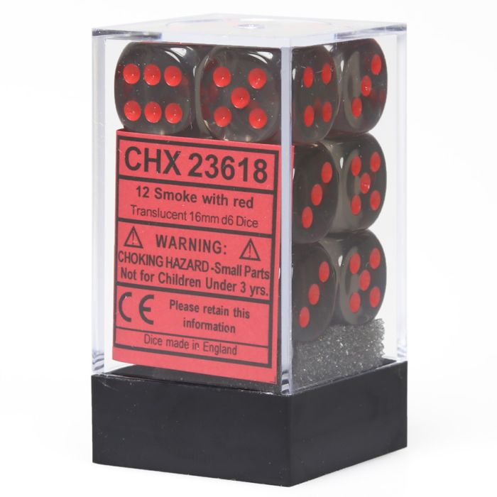 Chessex 16mm D6 Dice Block - Translucent Smoke with Red (12 ct)