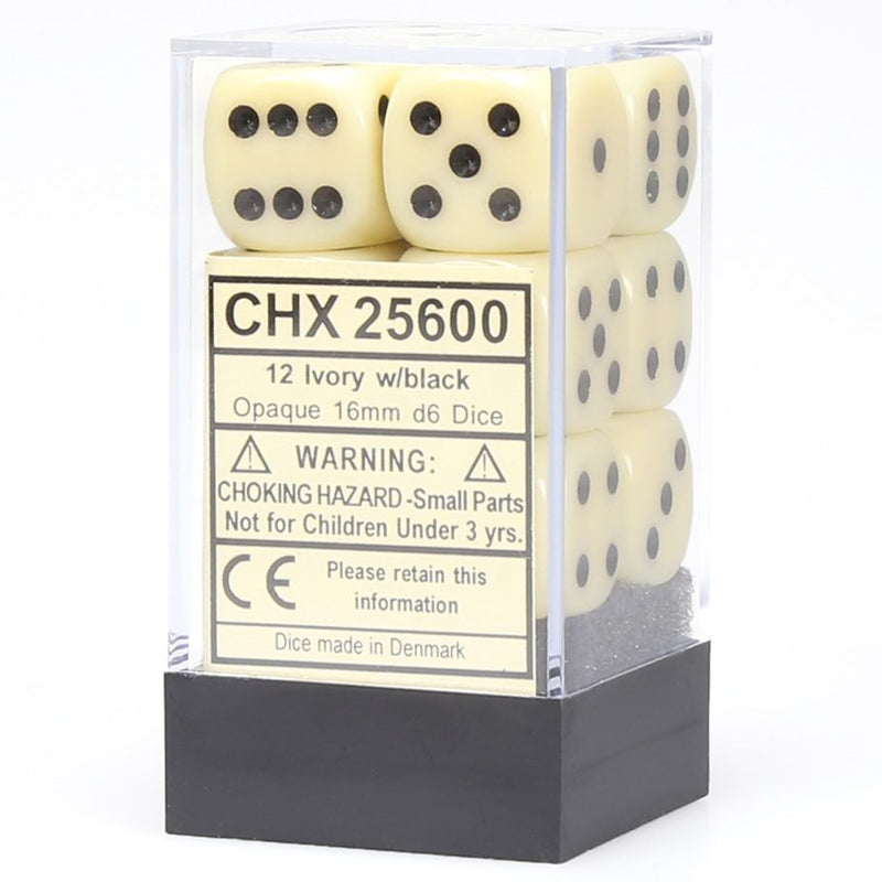 Chessex 16mm D6 Dice Block - Opaque Ivory/Black (12 ct)