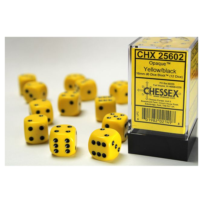 Chessex 16mm D6 Dice Block - Opaque Yellow/Black (12 ct)