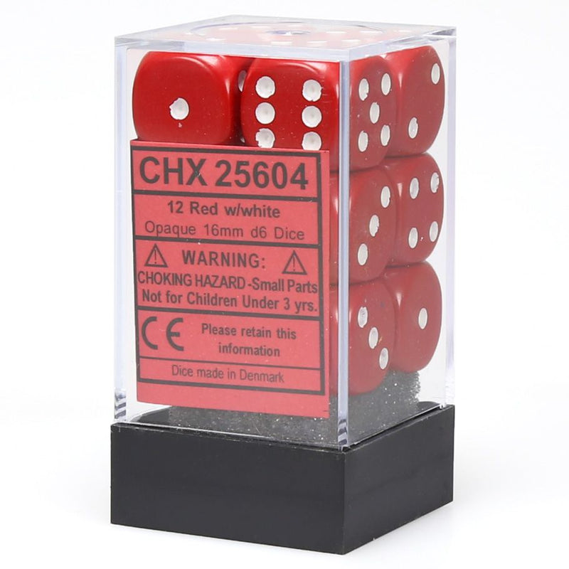 Chessex 16mm D6 Dice Block - Opaque Red/White (12 ct)