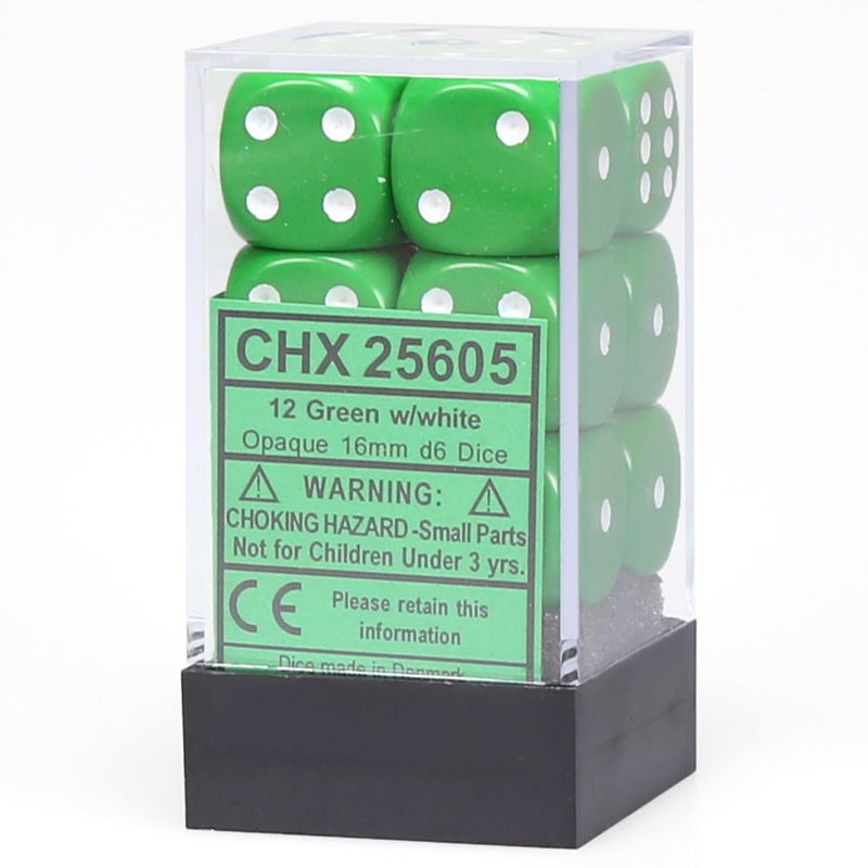 Chessex 16mm D6 Dice Block - Opaque Green/White (12 ct)