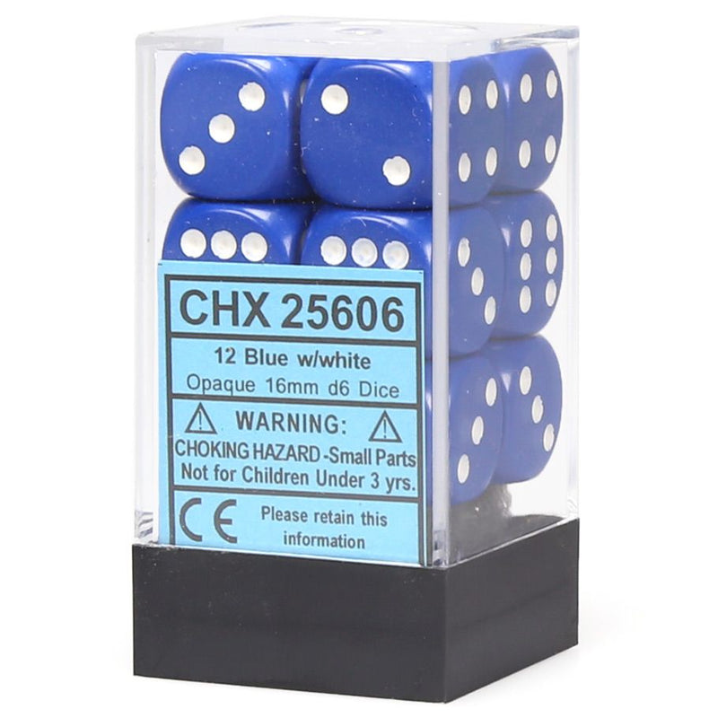 Chessex 16mm D6 Dice Block - Opaque Blue/White (12 ct)