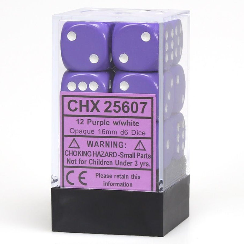 Chessex 16mm D6 Dice Block - Opaque Purple/White (12 ct)