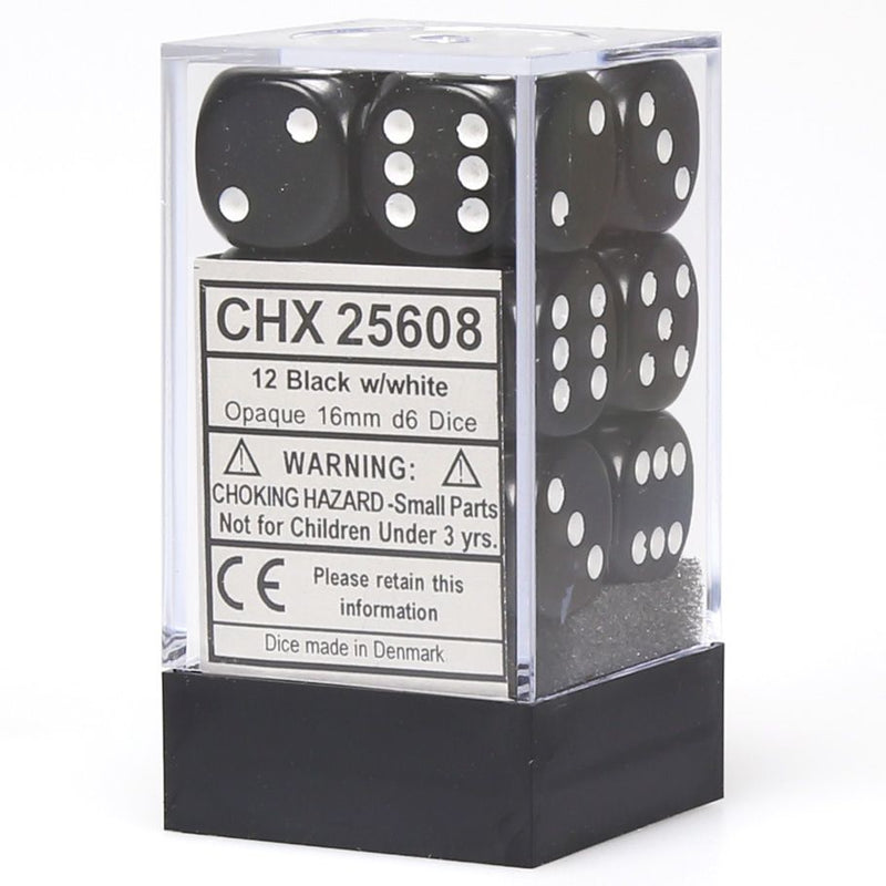 Chessex 16mm D6 Dice Block - Opaque Black/White (12 ct)