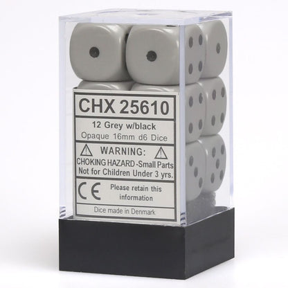 Chessex 16mm D6 Dice Block - Opaque Dark Grey/Black (12 ct)