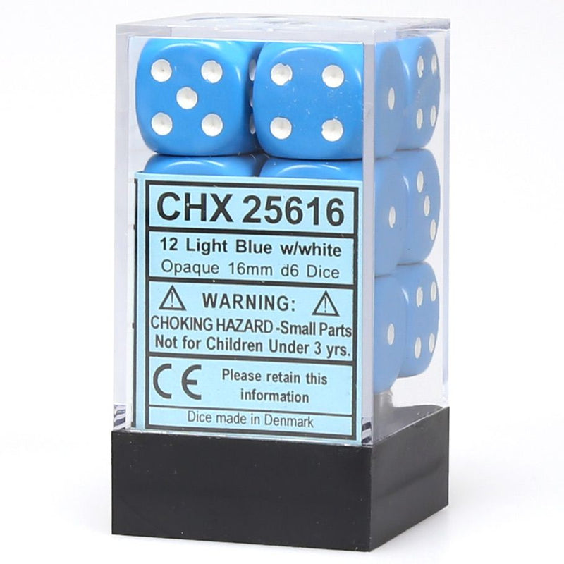 Chessex 16mm D6 Dice Block - Opaque Light Blue/White (12 ct)