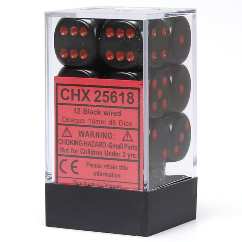 Chessex 16mm D6 Dice Block - Opaque Black/Red (12 ct)