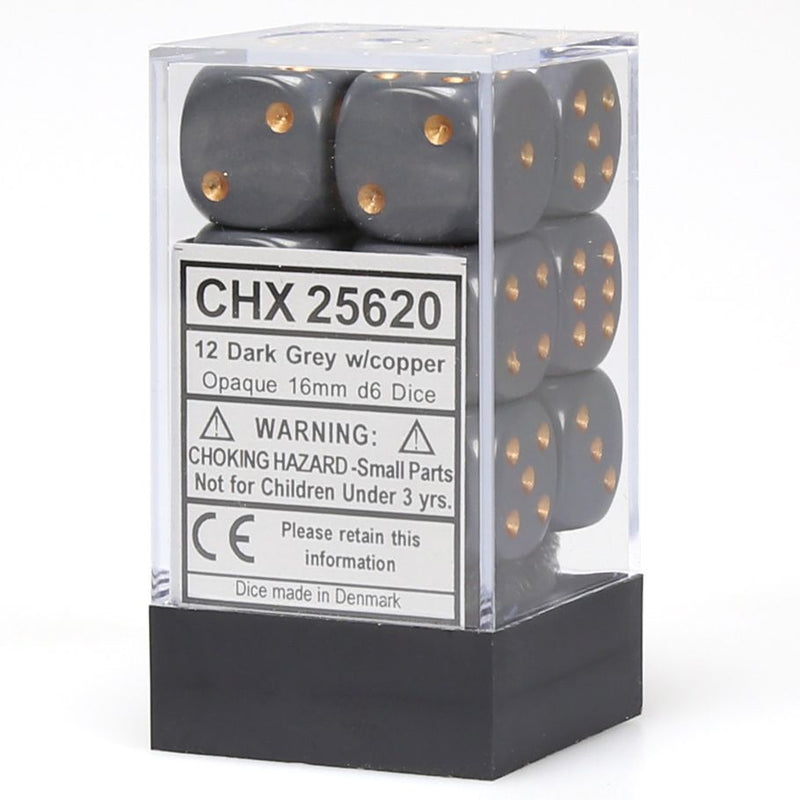 Chessex 16mm D6 Dice Block - Opaque Dark Grey/Copper (12 ct)