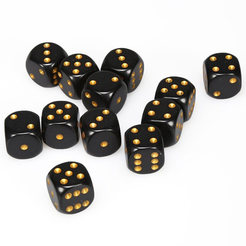 Chessex 16mm D6 Dice Block - Opaque Black/Gold (12 ct)