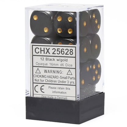 Chessex 16mm D6 Dice Block - Opaque Black/Gold (12 ct)