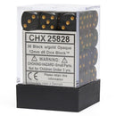 Chessex 12mm D6 Dice Block - Opaque Black with gold (36 ct)