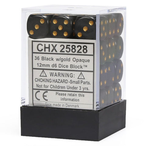 Chessex 12mm D6 Dice Block - Opaque Black with gold (36 ct)