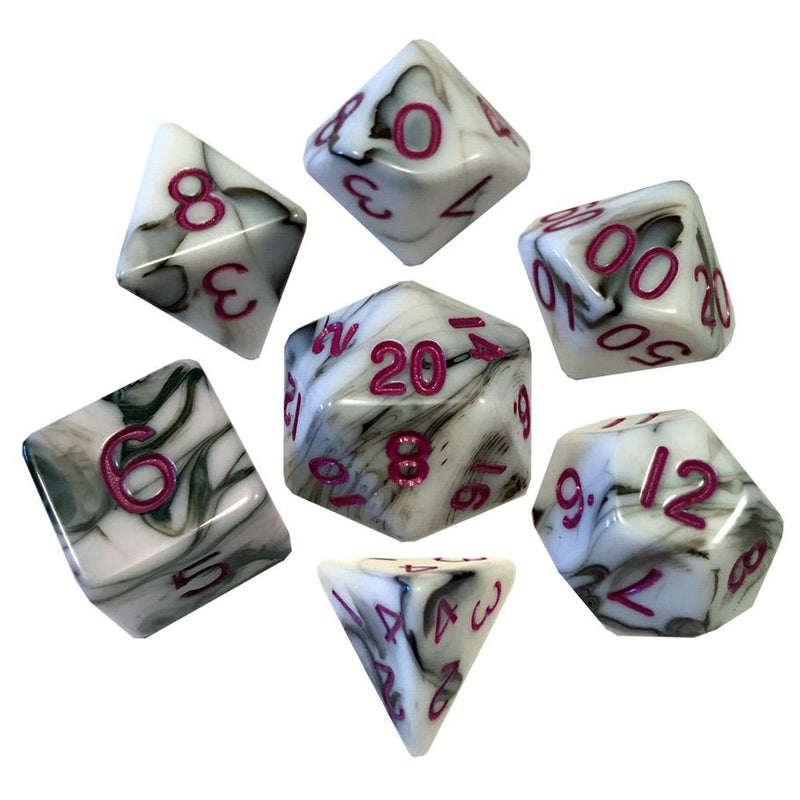 FanRoll 7-Set 16mm Acrylic Black and White Marble with Purple Dice