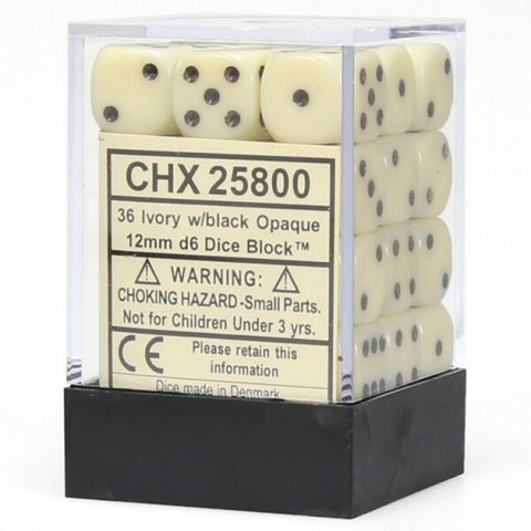 Chessex d6 Cube 12mm Opaque Ivory with Black (36)